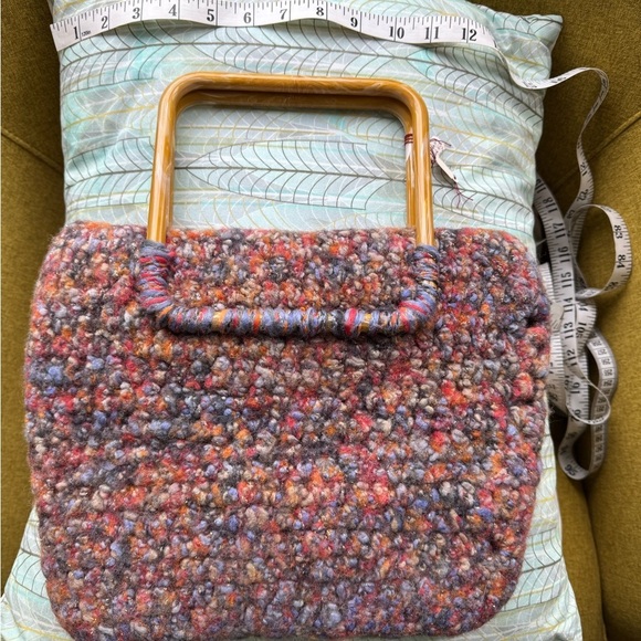 Handcrafted Multicolor felted wool and ribbon Satchel with Wooden Handle - Picture 2 of 3